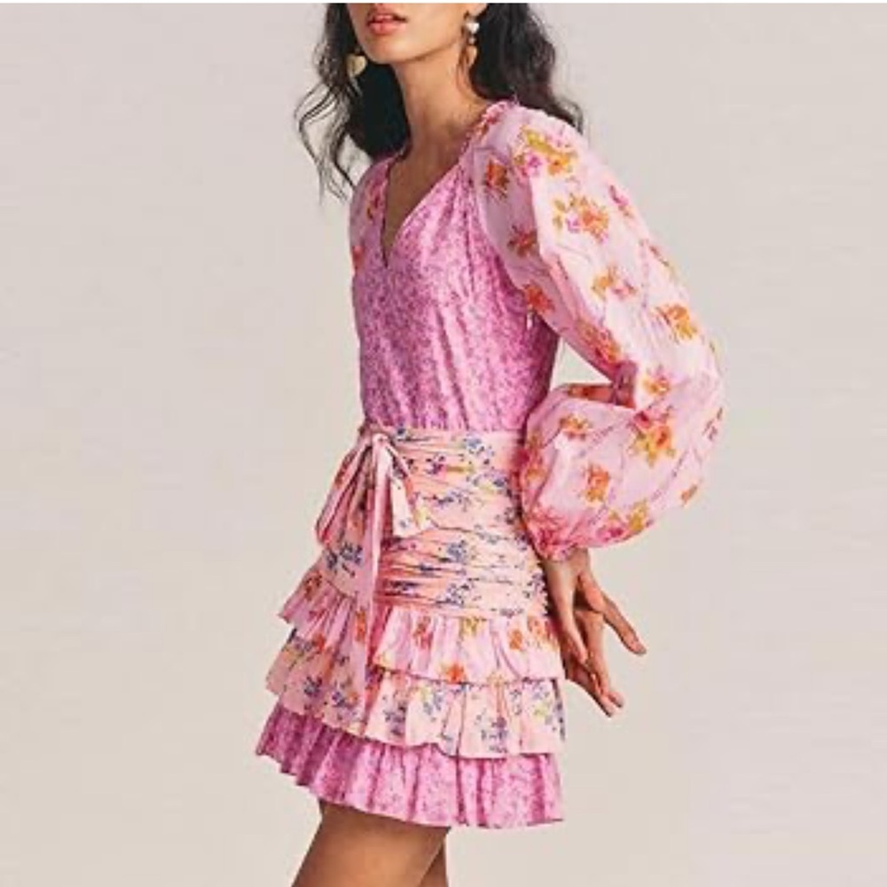LOVESHACKFANCY Rina Floral Print Ruffled Mini Dress, Exploded Pink